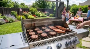 Beef burgers and hot dogs grilling on the grates of a 5 burner gas grill during a family barbecue