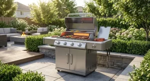 A sleek 4-burner gas grill with an infrared heating zone set up on a modern suburban backyard patio.