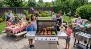 Family gathering around a large 5 burner gas grill during a summer backyard cookout