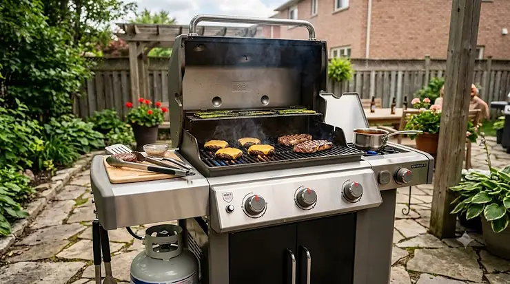 A premium stainless steel 3 burner gas grill firing up on a backyard patio with burgers cooking on the grates.