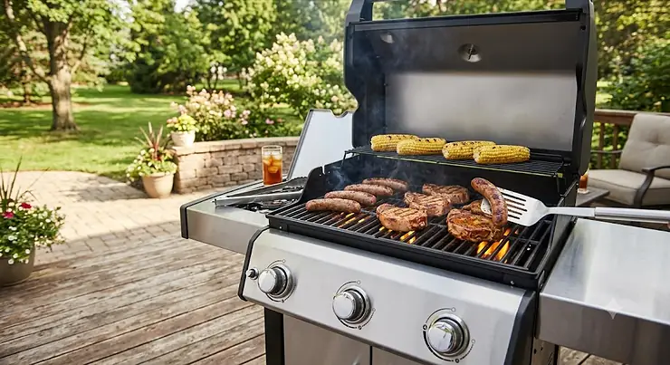 A modern black stainless steel 3 burner gas grill under 400 dollars set up on a backyard patio with food cooking on the grates. 3 burner grill under $400
