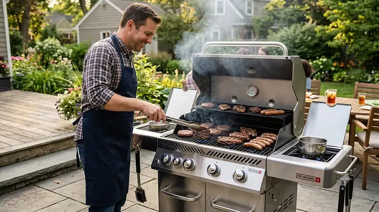 A man happily grilling burgers and hot dogs on a modern, four-burner stainless steel gas grill on a sunny backyard patio. 4 burner gas grill