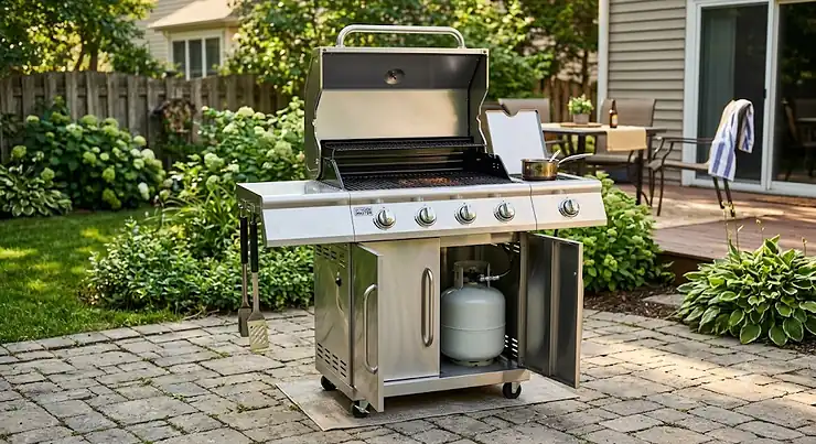 A sleek stainless steel 4 burner gas grill under 500 dollars placed on a backyard patio. 4 burner grill under $500