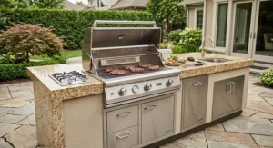 Built-in propane gas grill integrated into a luxury outdoor kitchen island with granite countertops.