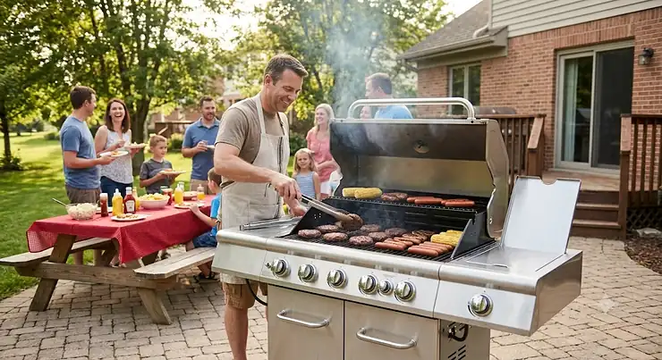 A large stainless steel liquid propane gas grill on a backyard patio, cooking burgers and hot dogs for a big family cookout.