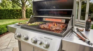 Infrared propane gas grill demonstrating high-heat sear zone technology with juicy steaks on the grates.