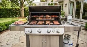 Heavy-duty 4-burner propane grill with cast-iron grates and high heat output for family barbecues.