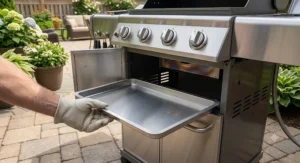 Pull-out grease drip tray removal on a clean stainless steel natural gas grill