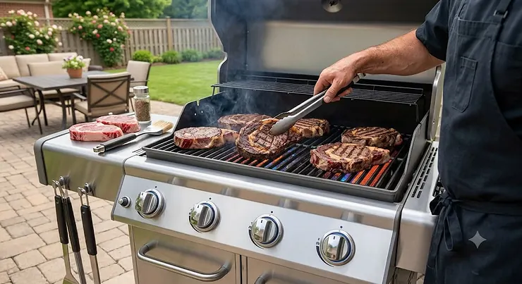 Chef grilling thick ribeye steaks on a high-end 4-burner natural gas grill