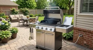 Top-rated stainless steel natural gas grill setup on a backyard patio