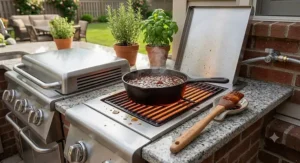 Searing side burner feature on a premium natural gas grill cooking BBQ sauce