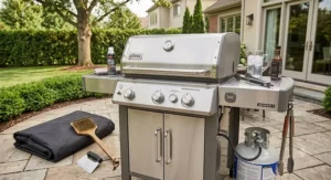 Propane gas grill next to essential cleaning tools including a wire brush, scraper, and weather cover.