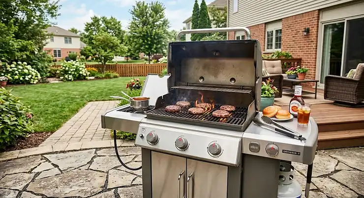 Top-rated 3-burner propane gas grill cooking burgers on a suburban American backyard patio. best propane grill