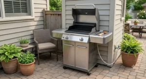 Compact freestanding 2-burner natural gas grill suitable for small outdoor spaces