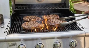 Juicy ribeye steaks searing over hot flames on the best 4 burner grill under 500 dollars.