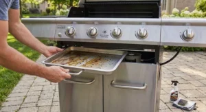 Removable grease tray being slid out from a budget 4 burner grill under 500 dollars for easy cleanup.