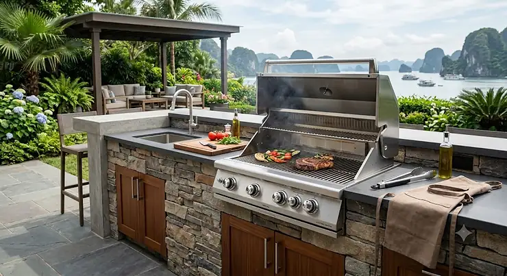 Built-in stainless steel premium gas grill installed in a modern backyard outdoor kitchen patio.