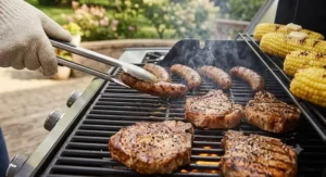 Heavy-duty porcelain-enameled cast iron grates on a 3 burner grill under 400 dollars, showing ideal heat retention lines.