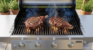 Thick steaks searing over high heat on heavy-duty cast iron grates of an affordable propane grill