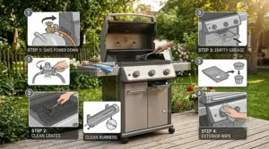 An illustration showing how to clean the grease management system on a 3 burner gas grill for family cookouts.