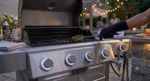 Using a grill brush to clean the grates of a 4 burner gas grill after entertaining guests at a backyard barbecue.