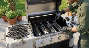 Maintenance tip illustration showing how to clean burner tubes and grates to extend the life of your propane grill