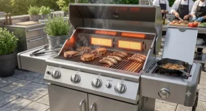 A commercial-grade 4-burner gas grill showcasing its innovative infrared cooking system for juicy barbecue results.