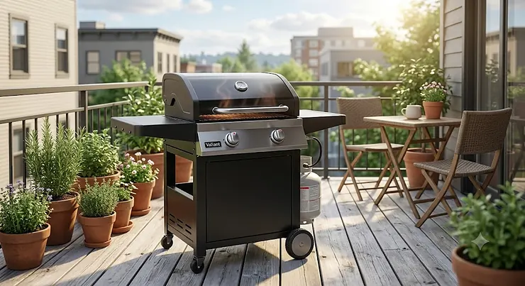 Compact two-burner gas grill illustration offering great value and performance for small backyard patios