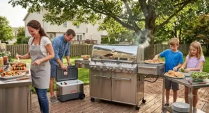 Family gathering around a closed-lid 6 burner gas grill on a wooden deck while prepping dinner.
