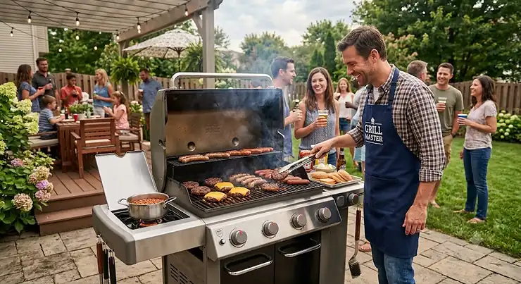 A 4 burner gas grill with open lid cooking burgers and hot dogs during a backyard patio party for entertaining guests.