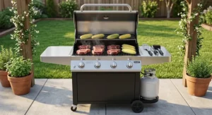 Full-size four-burner stainless steel propane grill designed for high cooking capacity and overall value
