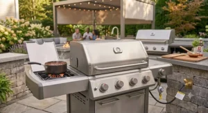 A freestanding natural gas 4 burner grill featuring a side burner for preparing sauces while entertaining outdoors.