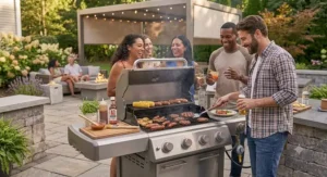 A group of friends laughing and holding drinks around a 4 burner gas grill while cooking food at a weekend barbecue entertainment event.