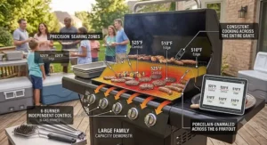 An infographic diagram illustrating the even heat distribution and temperature control across a large family-sized gas grill surface.