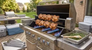 An institutional-sized gas grill with a heavy-duty rotisserie kit attachment roasting multiple whole chickens simultaneously for family dinner.