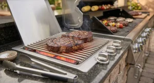 Close-up of a high-end gas grill for a large family, featuring a roaring side sear burner cooking thick-cut ribeye steaks.