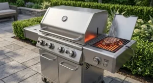 Heavy-duty 4-burner gas grill with an infrared side burner glowing red hot, perfect for searing steaks.