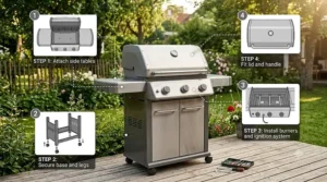 A step-by-step assembly diagram for setting up a new 3 burner gas grill for family use.