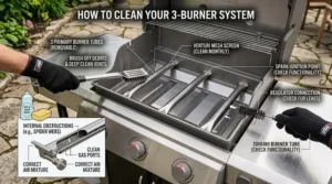 A step-by-step graphic showing how to clean grease and residue from the tubes and grates of a 3 burner gas grill.