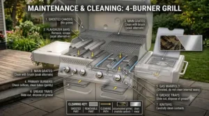 A step-by-step cleaning illustration showing how to remove grates, flavorizer bars, and grease trays for maintenance on a 4-burner gas grill.