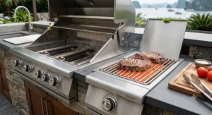High-heat infrared sear burner station on a premium gas grill searing steaks.