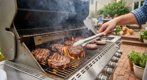 Sizzling beef patties and ribeye steaks cooking over the open flames of a large 6 burner gas grill.