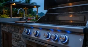 Control panel of a premium gas grill showing blue LED backlit knobs for nighttime barbecue cooking.