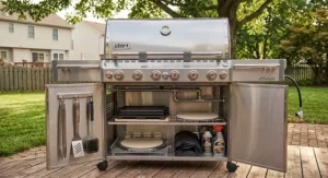 Freestanding natural gas 6 burner grill with open lower storage cabinets holding grilling accessories and tools.