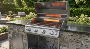 A built-in natural gas 4-burner grill with an infrared back burner installed in an outdoor stone kitchen island.