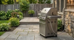 Natural gas grill connected directly to a home gas line on a backyard patio.