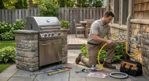 Professional plumber installing a natural gas line connection on a residential outdoor patio for a built-in grill.