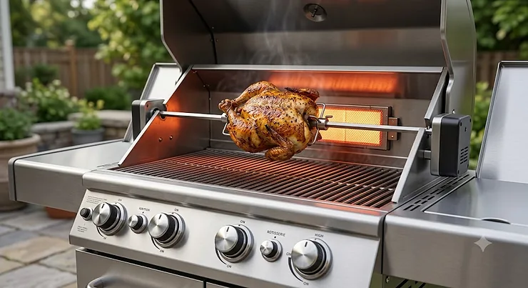 Close-up of a stainless steel 4-burner gas grill with an active infrared rotisserie burner cooking a whole chicken.