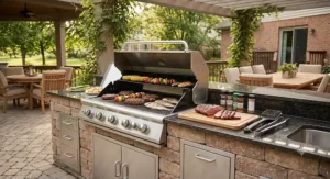A luxury built-in natural gas grill integrated into an outdoor stone kitchen island, perfect for a large family gathering.