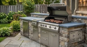 Modern outdoor kitchen featuring a high-end stainless steel gas grill for backyard barbecuing.